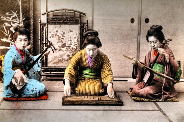 Musicians perform sankyoku, traditional Japanese chamber music, in an undated photograph.