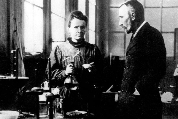 Chemist and physicist Marie Curie works in the lab with her husband Pierre in 1896. Curie would go on to win two Nobel prizes for her groundbreaking research on radioactivity. 