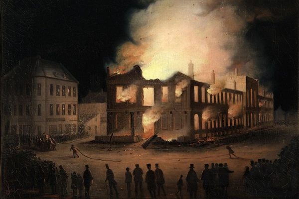 On the night of April 25, 1849, a violent fire destroyed the Province of Canada's first parliament building.