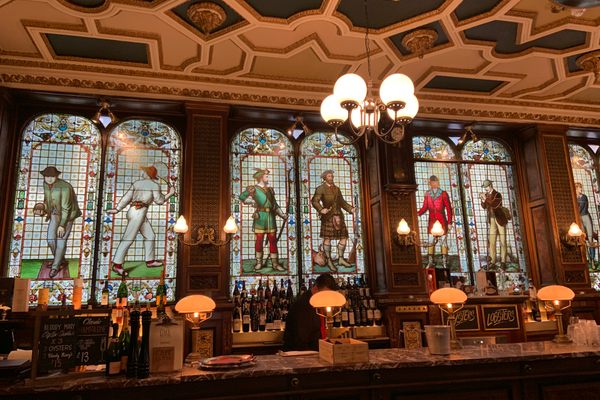The stained glass over the restaurant's bar.